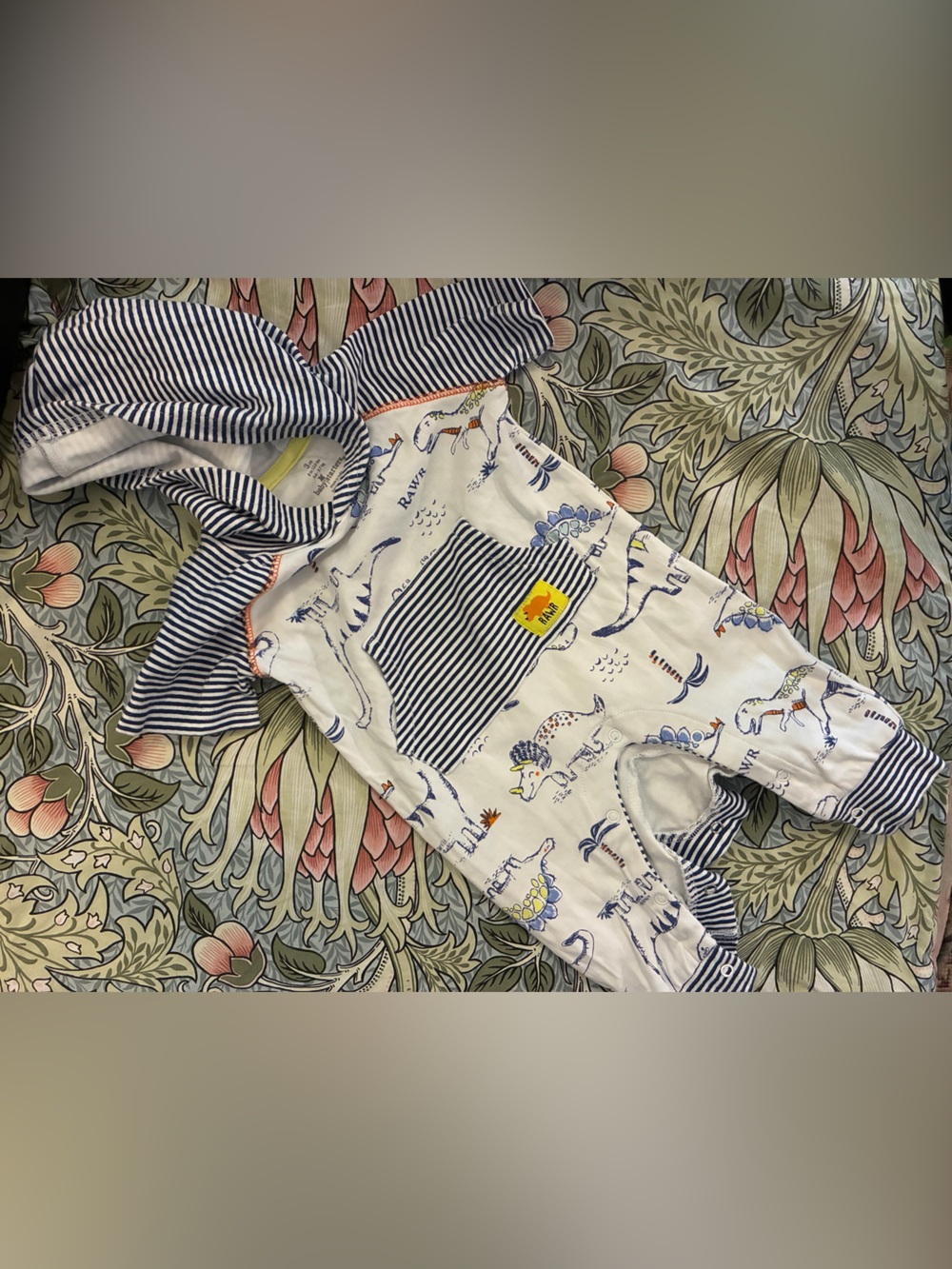 White & Navy Dinosaur Print Kids Hooded Onesie - Striped Pocket Romper